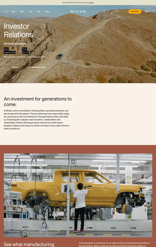 Страница о компании Rivian, тематика — Производство, цвета — Белый, Серый, стиль — Корпоративный, типографика — Без засечек