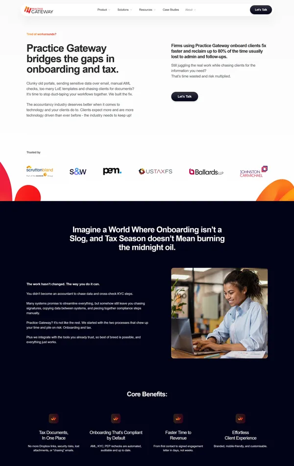 Страница о компании Practice Gateway, тематика — Финансы, Бизнес и профессиональные услуги, цвета — Белый, Черный, стиль — Корпоративный, типографика — Без засечек