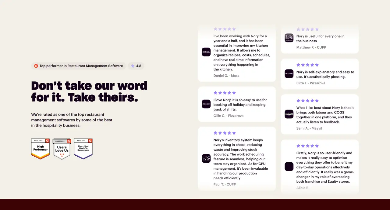 Секция «Отзывы» с сайта https://www.nory.ai/, тематика — SaaS, цвета — Белый, стиль — Корпоративный, Карточный, Минимализм, типографика — Без засечек