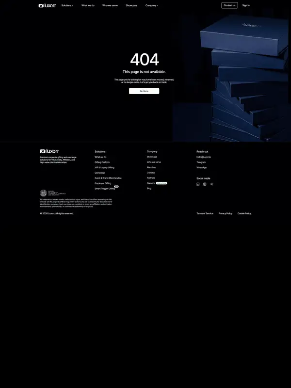 404-страница Luxorr, тематика — Бизнес и профессиональные услуги, цвета — Черный, стиль — Корпоративный, Минимализм, типографика — Без засечек