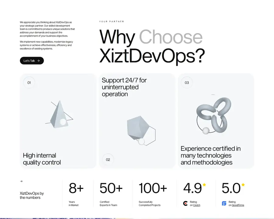 Секция «Преимущества» с сайта https://xiztdevops.com/, тематика — IT и программное обеспечение, цвета — Белый, Серый, стиль — Корпоративный, Карточный, Минимализм, типографика — Без засечек, Декоративные