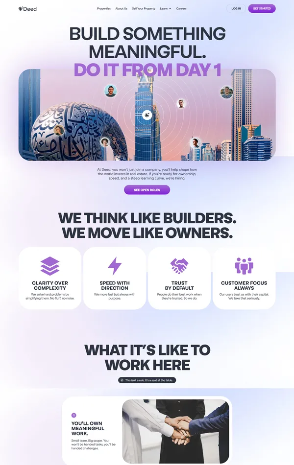 Страница о компании Deed, тематика — Недвижимость, цвета — Белый, Серый, стиль — Корпоративный, типографика — Без засечек
