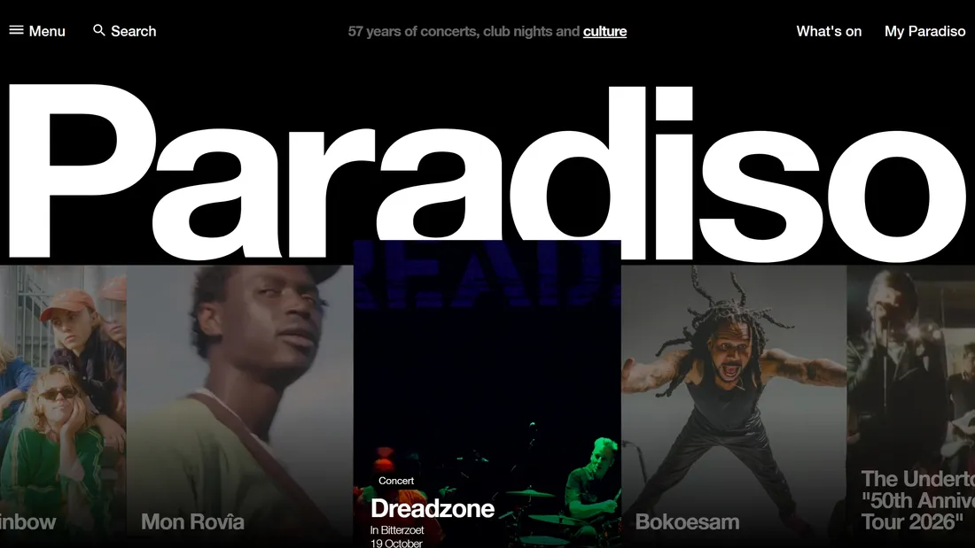 Секция «Первый экран» с сайта https://www.paradiso.nl/en, тематика — Мероприятия, Музыка, цвета — Белый, Черный, Серый, стиль — Типографика, Брутализм, типографика — Без засечек