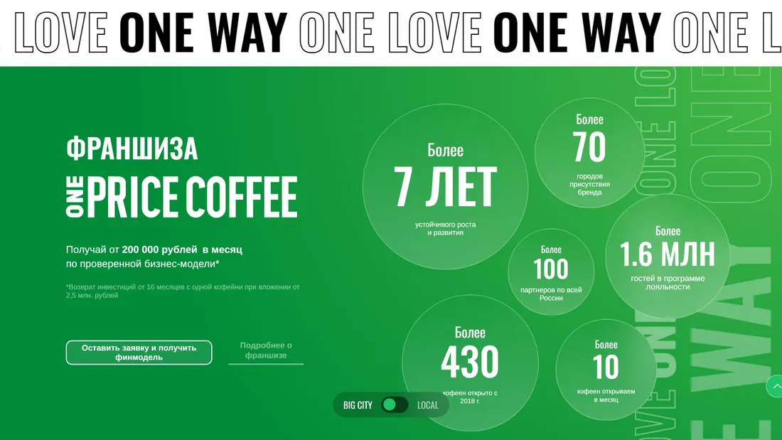 Секция «Преимущества» с сайта https://onepricecoffee.com/, тематика — Еда и напитки, цвета — Белый, Серый, Зеленый, стиль — Корпоративный, Типографика, типографика — Без засечек