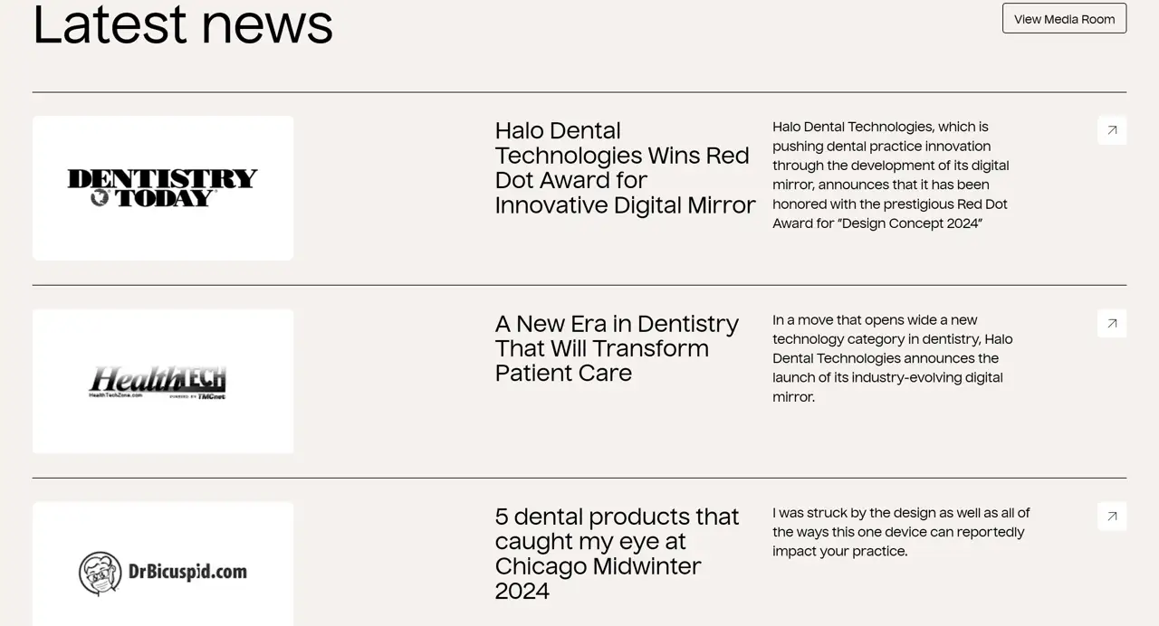 Секция «Новости» с сайта https://halodental.com/, тематика — Здоровье и фитнес, цвета — Белый, стиль — Карточный, Минимализм, типографика — Без засечек