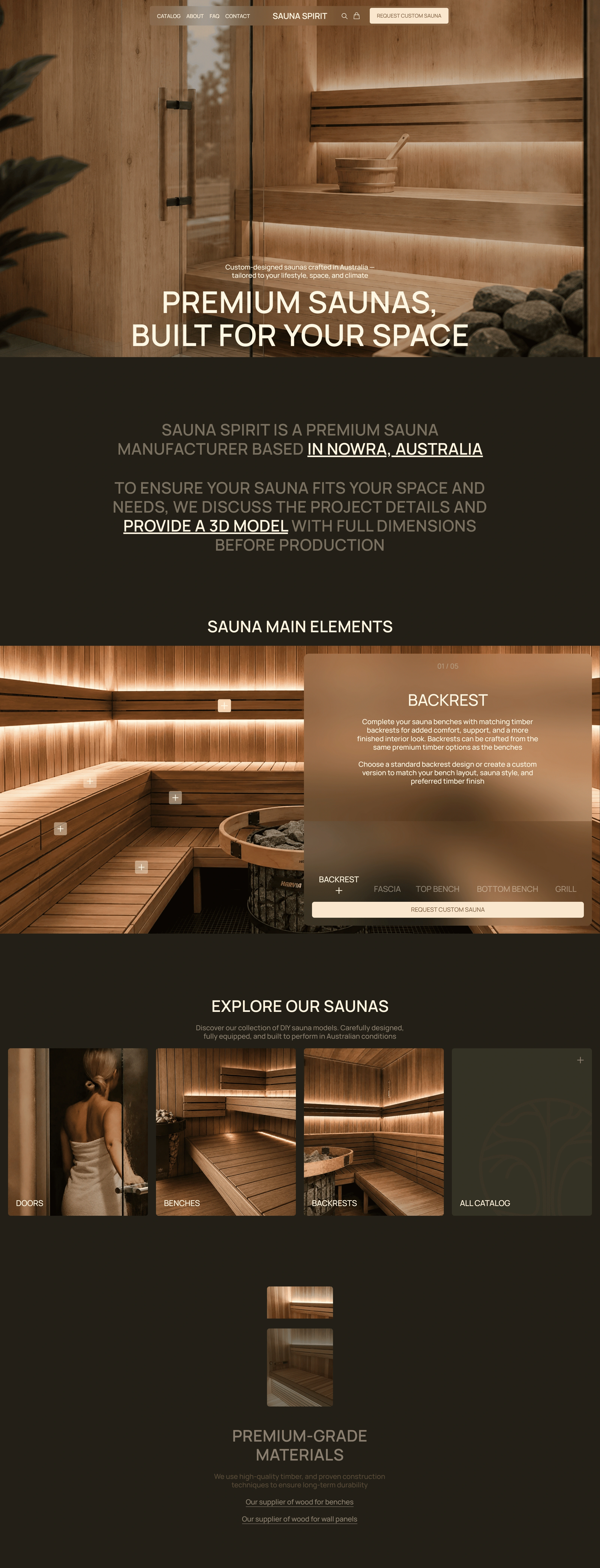 Sauna Spirit Лендинг Sauna Spirit, тематика — Другое, цвета — Черный, Серый, Коричневый, стиль — Минимализм, Органический и природный, типографика — Без засечек