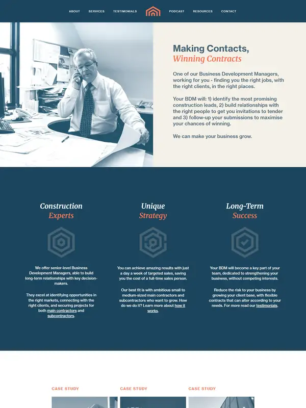 Главная Construction Sales & Marketing, тематика — Строительство, цвета — Белый, Черный, Серый, стиль — Корпоративный, Минимализм, типографика — Без засечек