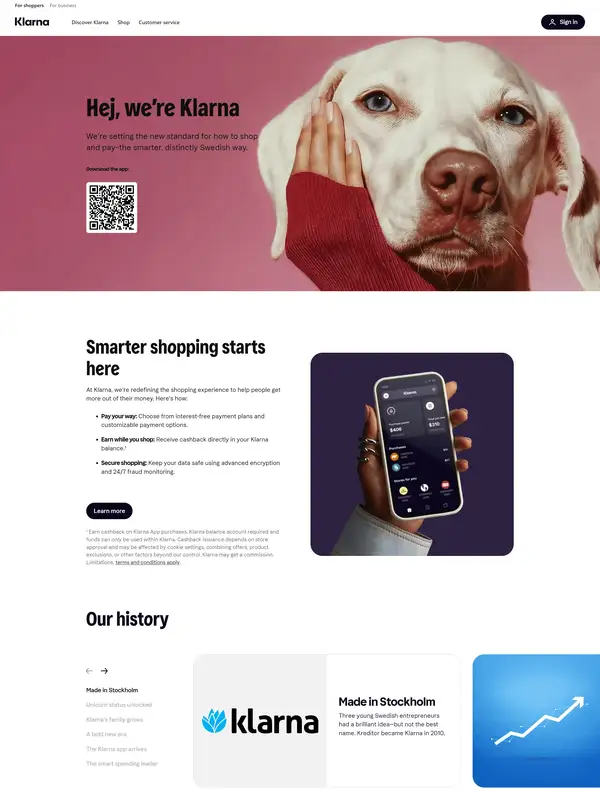 Страница о компании Klarna, тематика — Интернет-магазин, цвета — Белый, Серый, стиль — Корпоративный, Минимализм, типографика — Без засечек