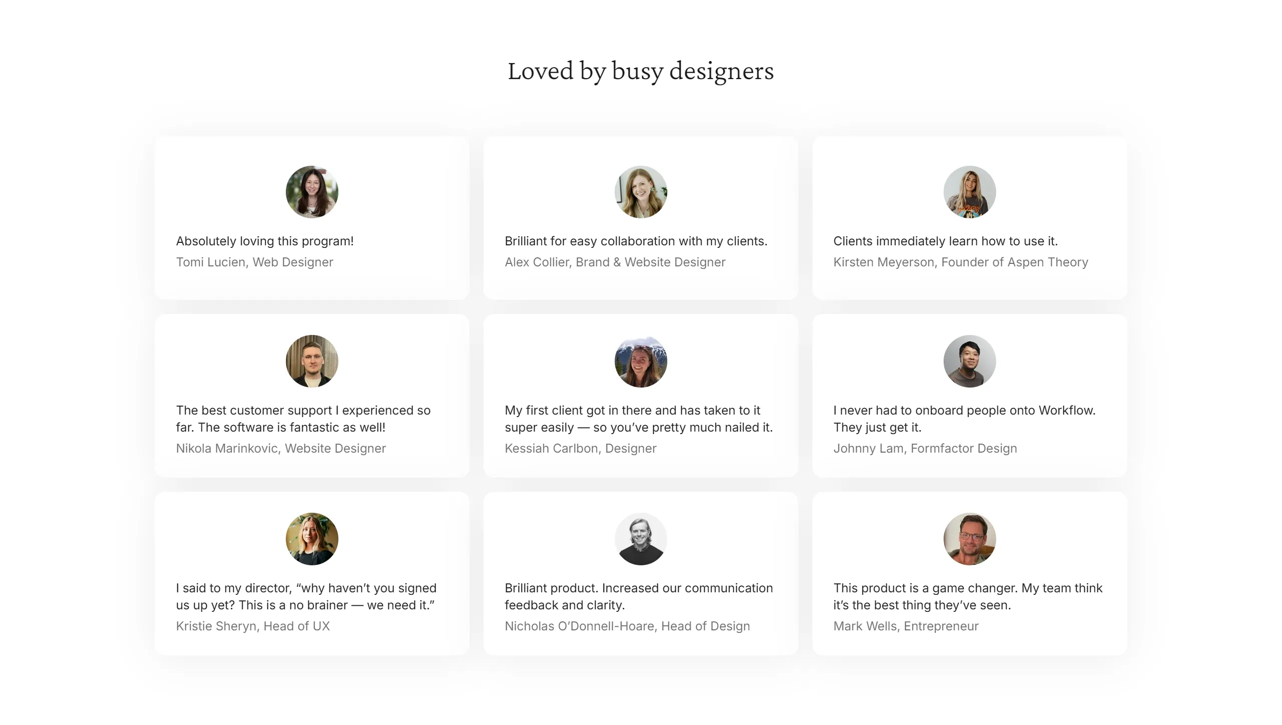 Workflow Секция «Команда» с сайта https://www.workflow.design/, тематика — Дизайн, цвета — Белый, стиль — Корпоративный, Минимализм, типографика — Без засечек