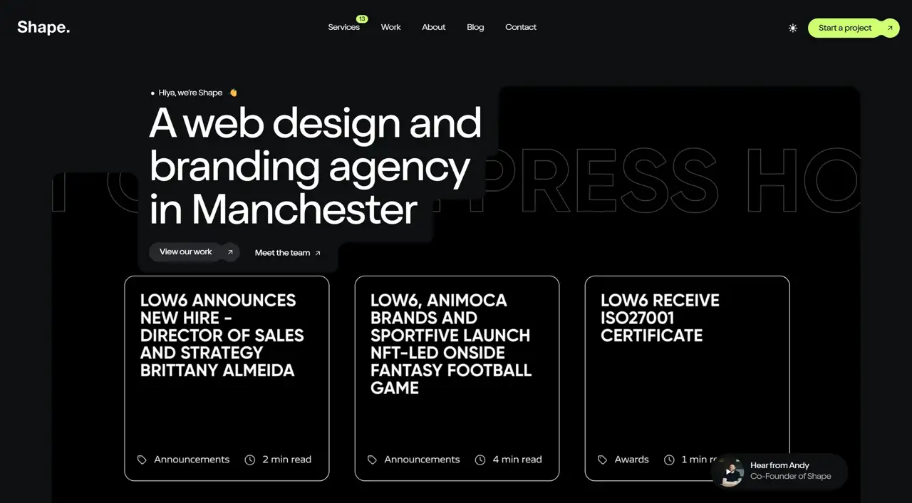 Секция «Первый экран» с сайта https://madebyshape.co.uk/, тематика — Агентство , цвета — Черный, стиль — Карточный, Минимализм, типографика — Без засечек, Декоративные