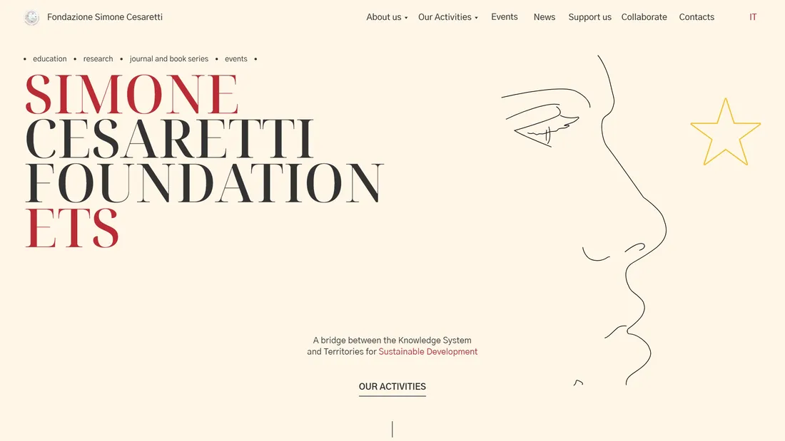 Секция «Первый экран» с сайта https://www.fondazionesimonecesarettiets.it/en, тематика — Некоммерческая деятельность, цвета — Белый, стиль — Классический, типографика — С засечками