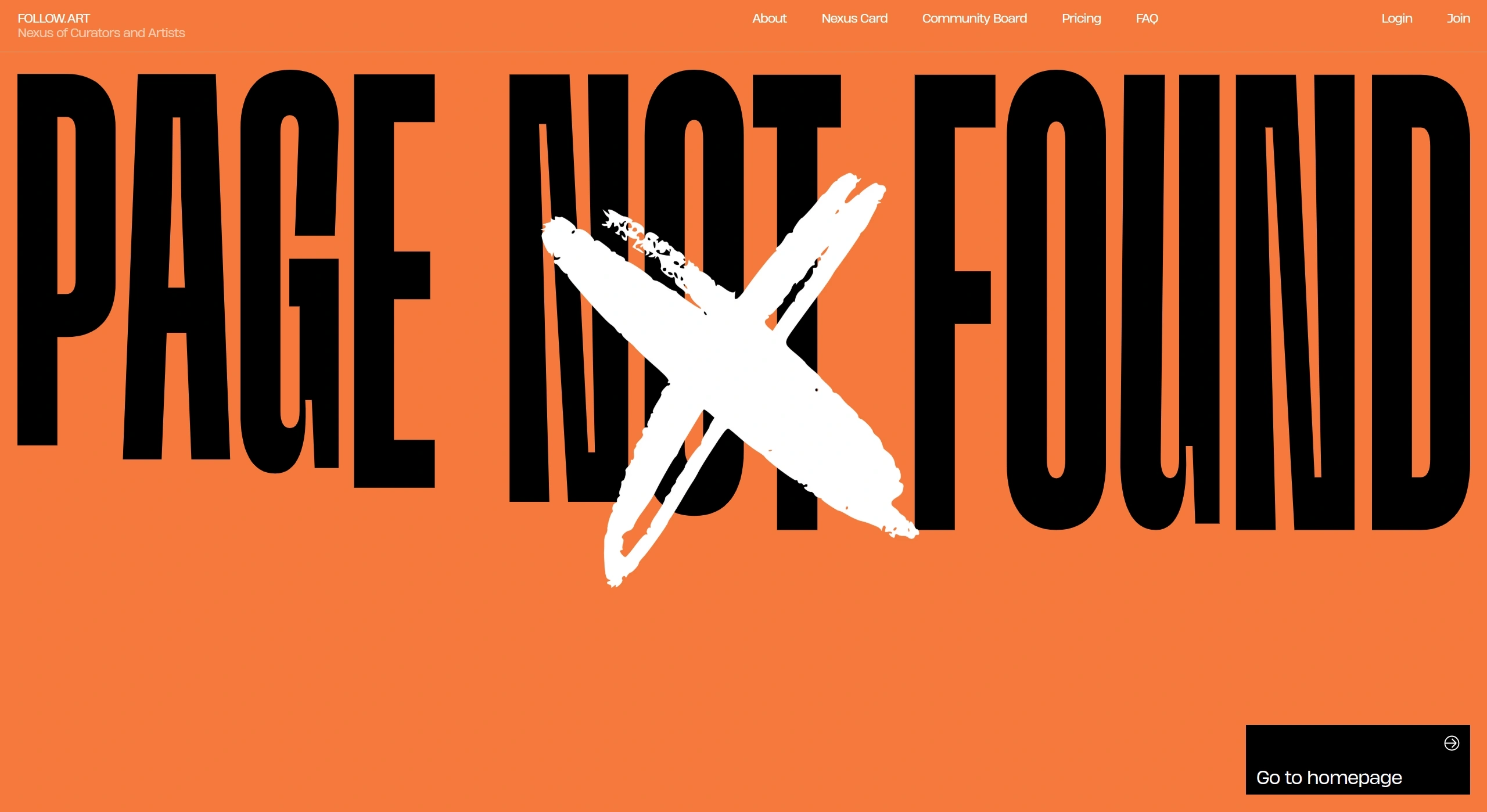 FOLLOW.ART 404-страница FOLLOW.ART, тематика — Искусство, цвета — Черный, Оранжевый, Коричневый, стиль — Брутализм, типографика — Декоративные