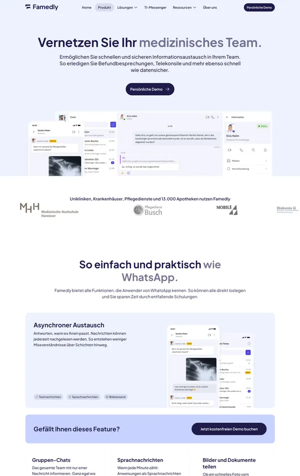 Продукт Famedly, тематика — SaaS, цвета — Белый, стиль — Корпоративный, типографика — Без засечек