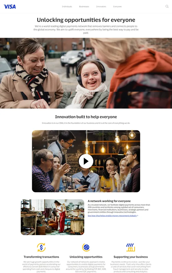 Страница о компании visa, тематика — Финансы, цвета — Белый, Серый, Синий, стиль — Корпоративный, типографика — Без засечек