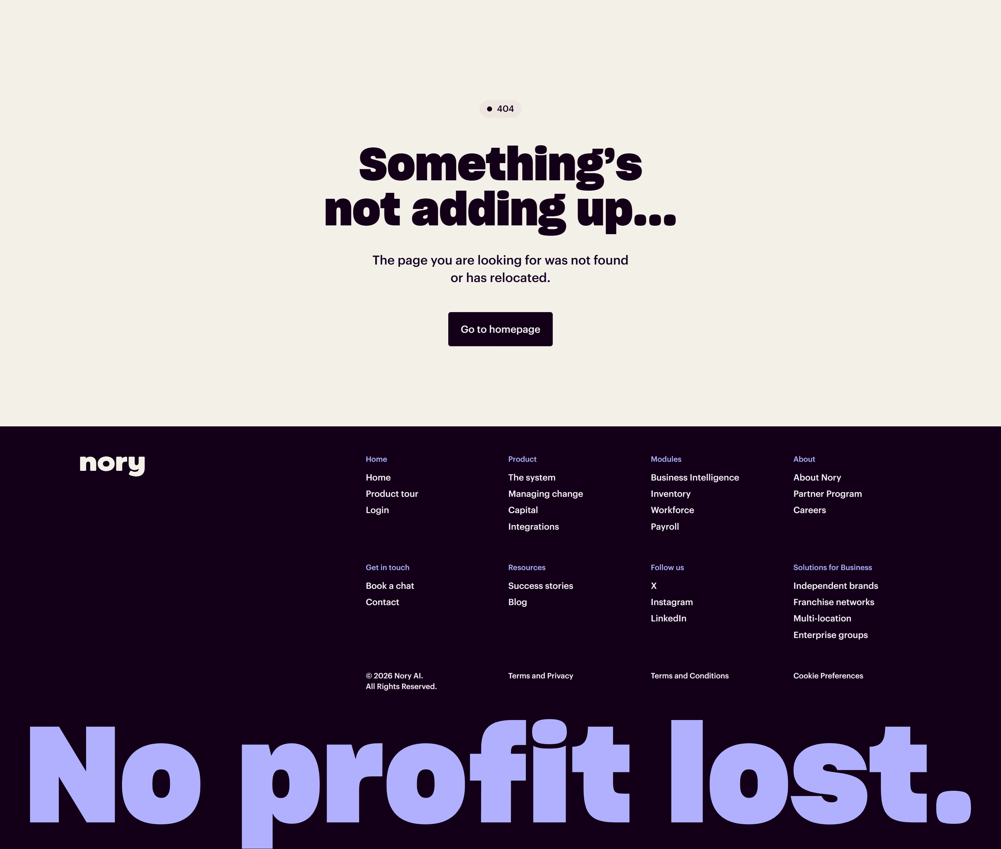 Nory 404-страница Nory, тематика — SaaS, цвета — Белый, Черный, стиль — Корпоративный, Минимализм, типографика — Без засечек