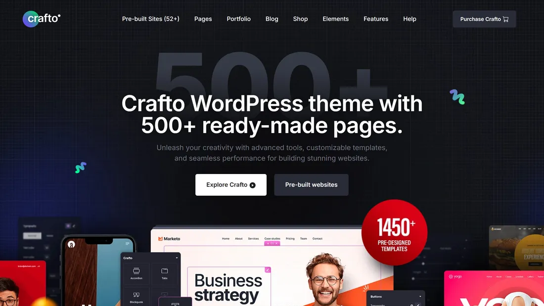 Секция «Первый экран» с сайта https://crafto.themezaa.com/#, тематика — IT и программное обеспечение, цвета — Черный, стиль — Корпоративный, типографика — Без засечек