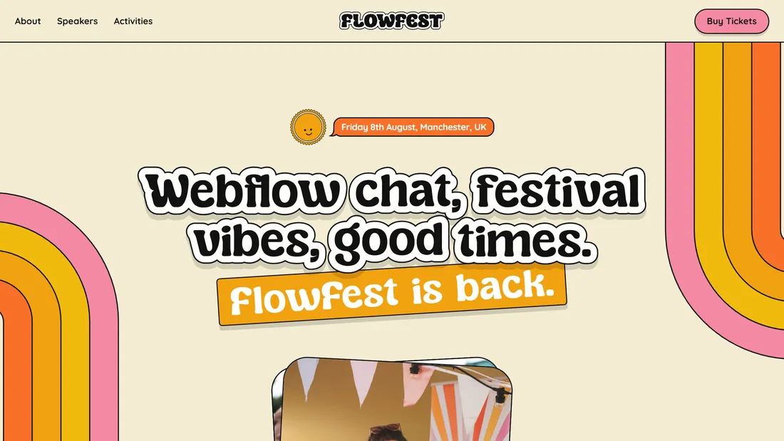 Секция «Первый экран» с сайта https://www.flowfest.co.uk/, тематика — Мероприятия, цвета — Белый, Серый, Оранжевый, стиль — Рисованный, Фестивальный, типографика — Без засечек, Декоративные