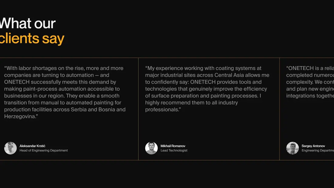 Секция «Отзывы» с сайта https://onetech-coatings.webflow.io/, тематика — Производство, цвета — Черный, стиль — Корпоративный, Минимализм, типографика — Без засечек