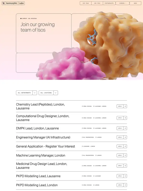 Страница карьеры Isomorphic Labs, тематика — Здоровье и фитнес, цвета — Белый, стиль — Корпоративный, Минимализм, типографика — Без засечек