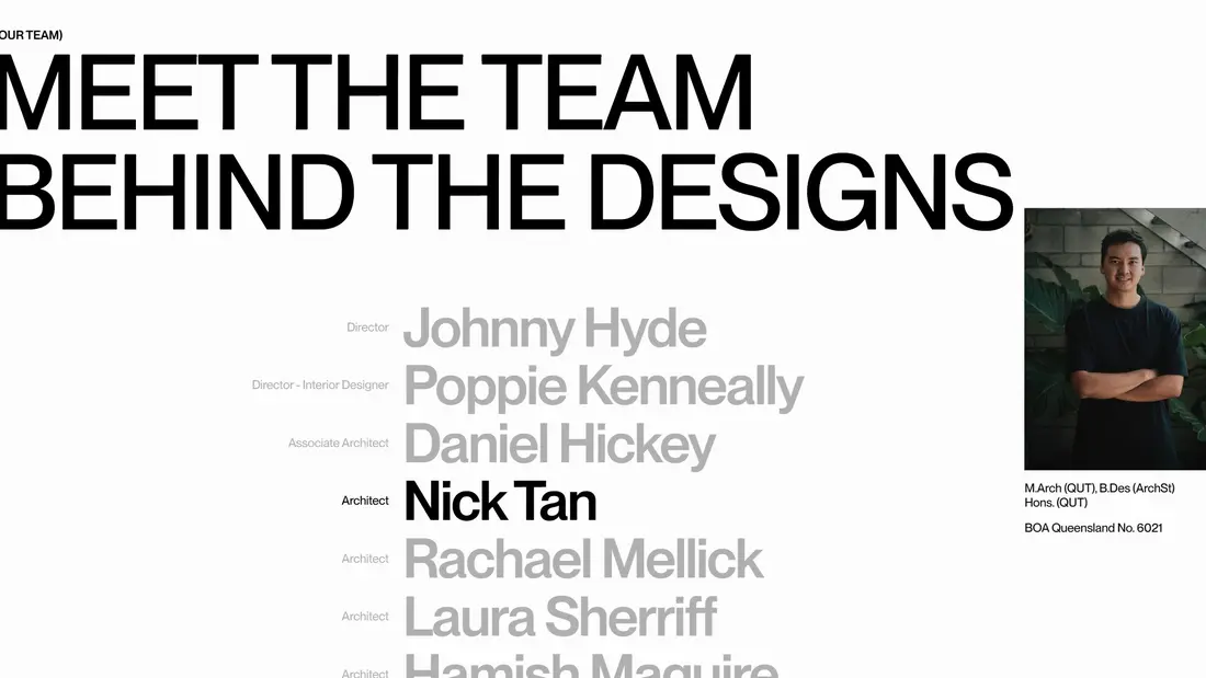 Секция «Команда» с сайта https://www.oharchitecture.com.au/, тематика — Дизайн, цвета — Белый, Серый, стиль — Минимализм, типографика — Без засечек