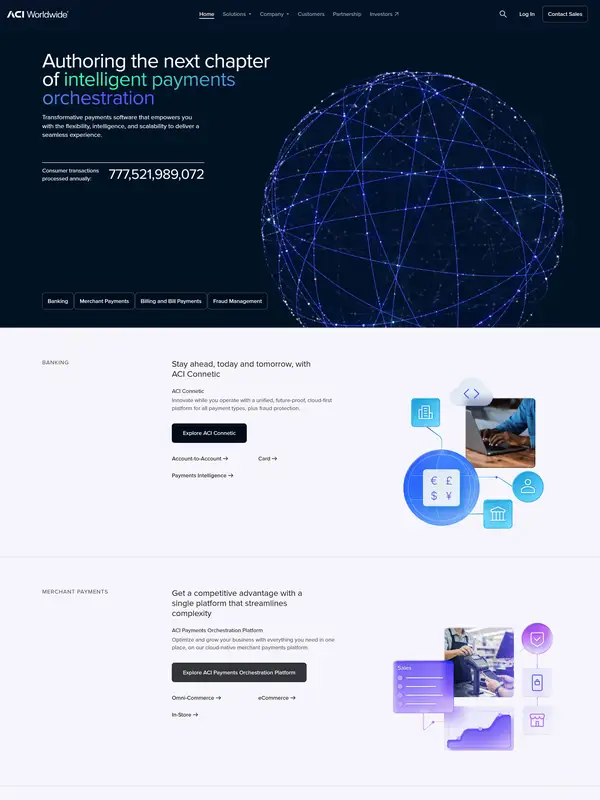 Главная ACI Worldwide, тематика — Финансы, цвета — Белый, Черный, стиль — Корпоративный, Минимализм, типографика — Без засечек
