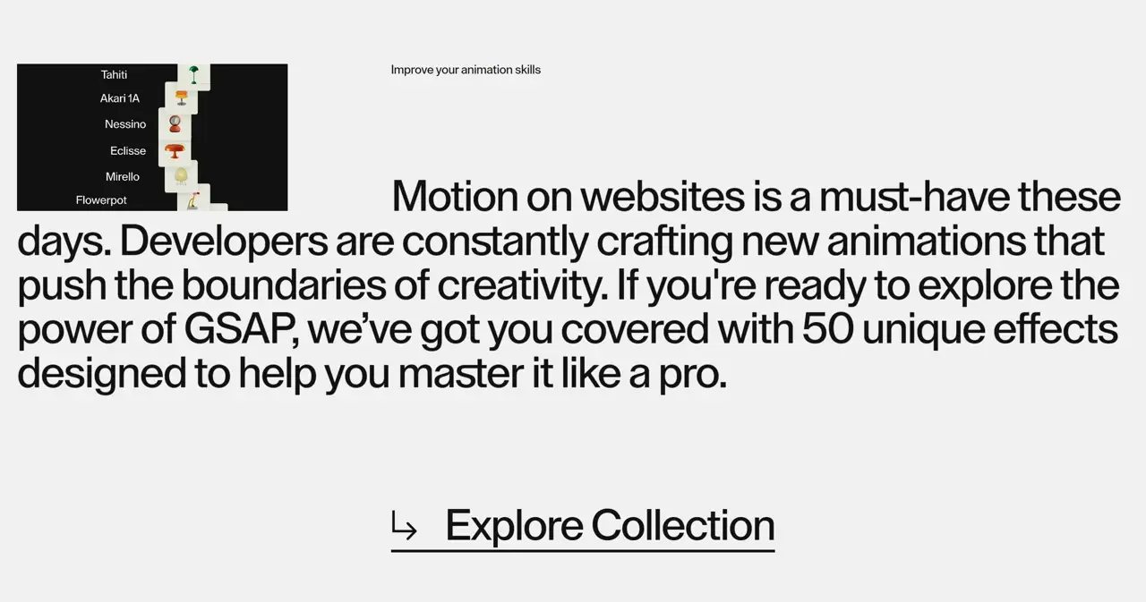 Секция «Призыв к действию» с сайта https://madewithgsap.com/, тематика — SaaS, цвета — Белый, Серый, стиль — Минимализм, типографика — Без засечек