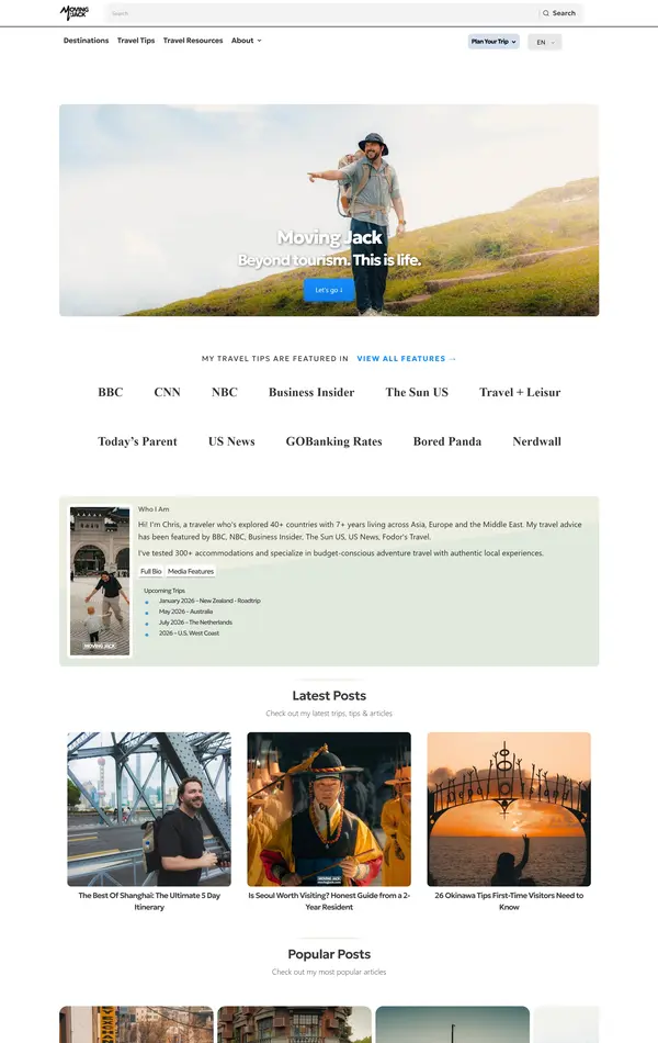 Главная Moving Jack, тематика — Путешествия и туризм, Персональный, цвета — Белый, Серый, стиль — Корпоративный, типографика — Без засечек