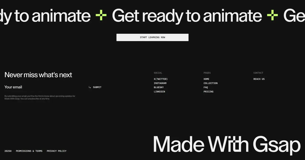 Секция «Футер» с сайта https://madewithgsap.com/, тематика — IT и программное обеспечение, цвета — Черный, Серый, стиль — Минимализм, типографика — Без засечек, Моноширинные