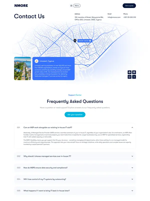Контакты Nmore Group, тематика — IT и программное обеспечение, цвета — Белый, Черный, Синий, стиль — Корпоративный, Минимализм, типографика — Без засечек