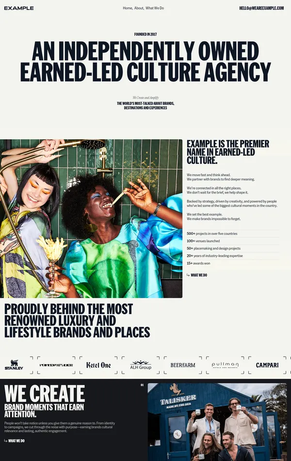 Страница о компании Example, тематика — Агентство , цвета — Белый, Черный, Серый, стиль — Корпоративный, типографика — Без засечек