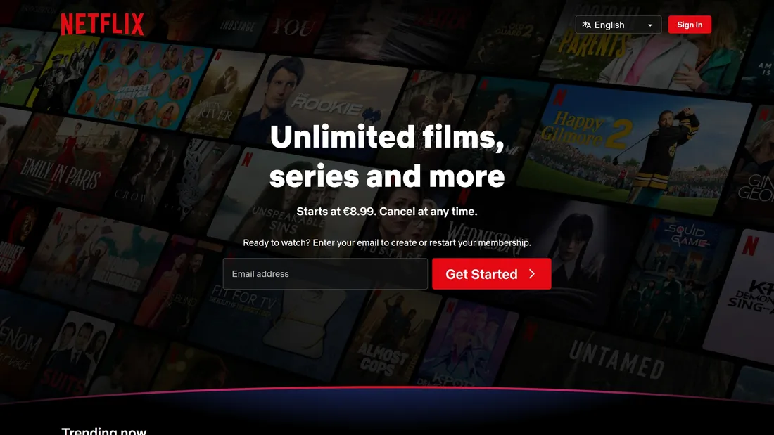 Секция «Призыв к действию» с сайта https://www.netflix.com/nl-en/, тематика — Развлечения, цвета — Черный, стиль — Корпоративный, типографика — Без засечек