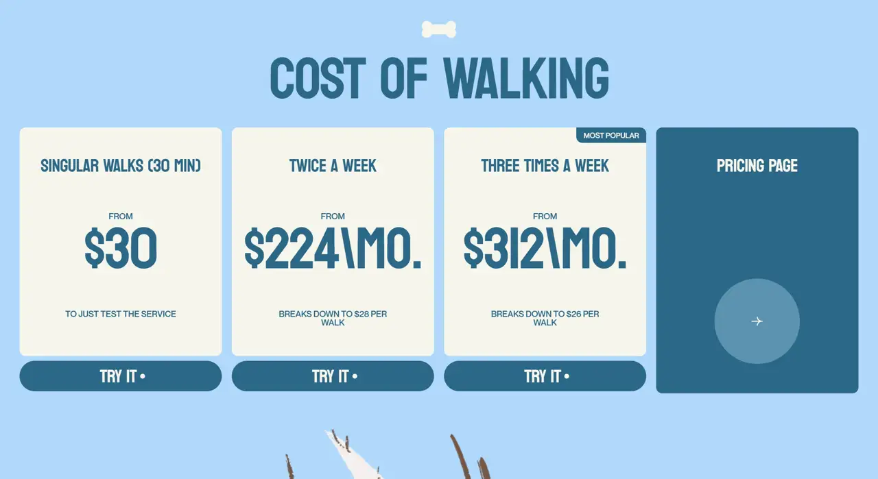 Секция «Цены» с сайта https://dontboardme.com/, тематика — Домашние животные, цвета — Белый, Серый, Синий, стиль — Плоский, Карточный, типографика — Без засечек, Декоративные