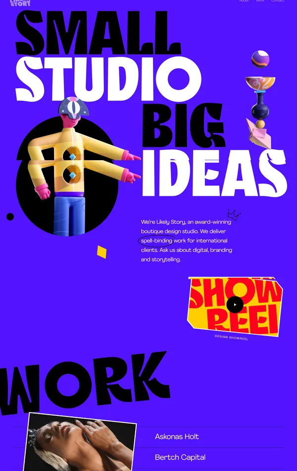 Главная Likely Story, тематика — Дизайн, цвета — Черный, Фиолетовый, стиль — Фестивальный, Брутализм, типографика — Без засечек, Декоративные