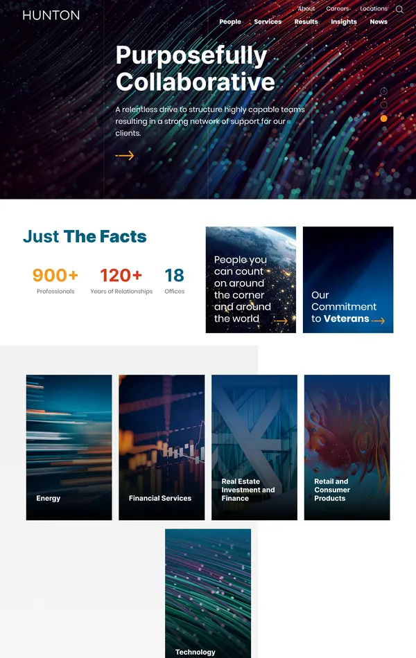 Главная Hunton Andrews Kurth, тематика — Бизнес и профессиональные услуги, цвета — Белый, Черный, Серый, стиль — Корпоративный, типографика — Без засечек