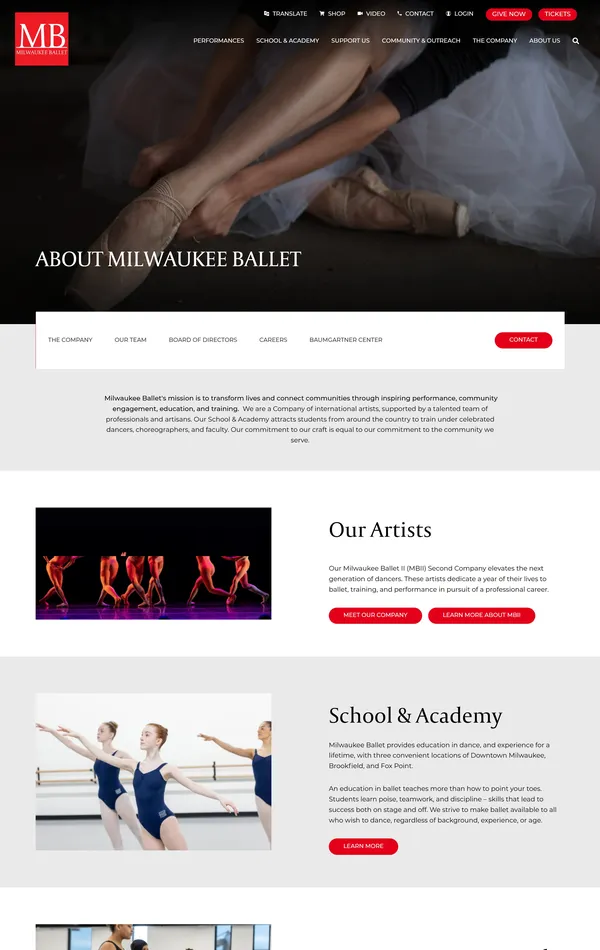 Страница о компании Milwaukee Ballet, тематика — Искусство, цвета — Белый, Черный, стиль — Корпоративный, типографика — Без засечек