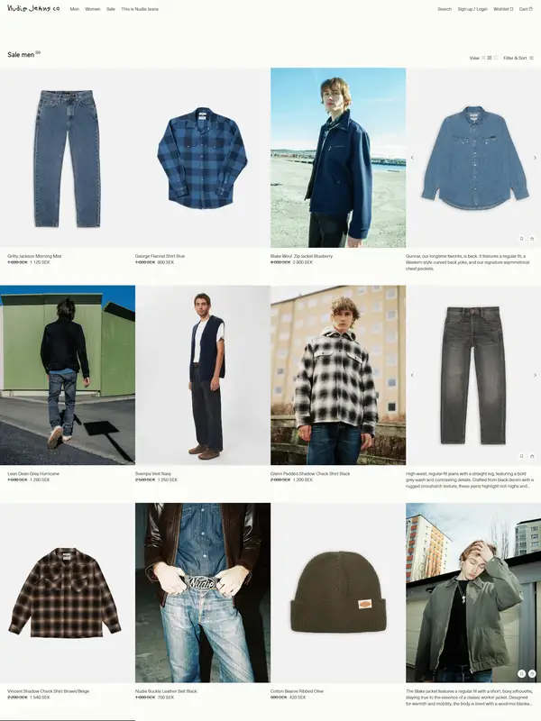 Каталог Nudie Jeans, тематика — Одежда, цвета — Белый, Черный, Серый, стиль — Минимализм, типографика — Без засечек