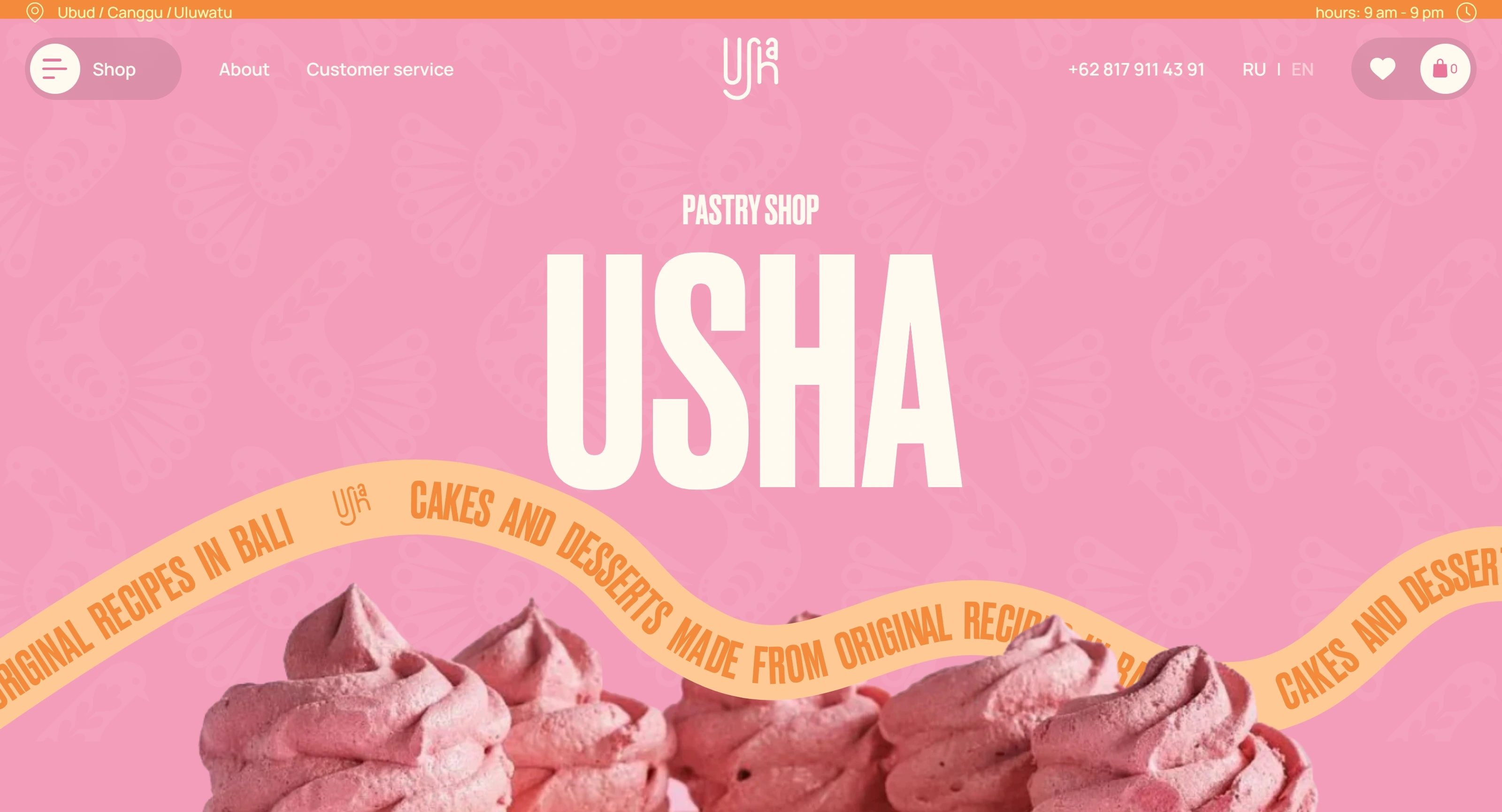 Usha Секция «Первый экран» с сайта https://ushacafe.com/, тематика — Еда и напитки, цвета — Розовый, стиль — Фестивальный, типографика — Без засечек, Декоративные