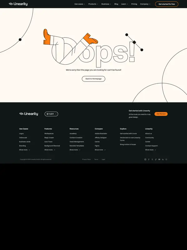404-страница Linearity, тематика — Дизайн, цвета — Белый, Черный, стиль — Корпоративный, Минимализм, типографика — Без засечек