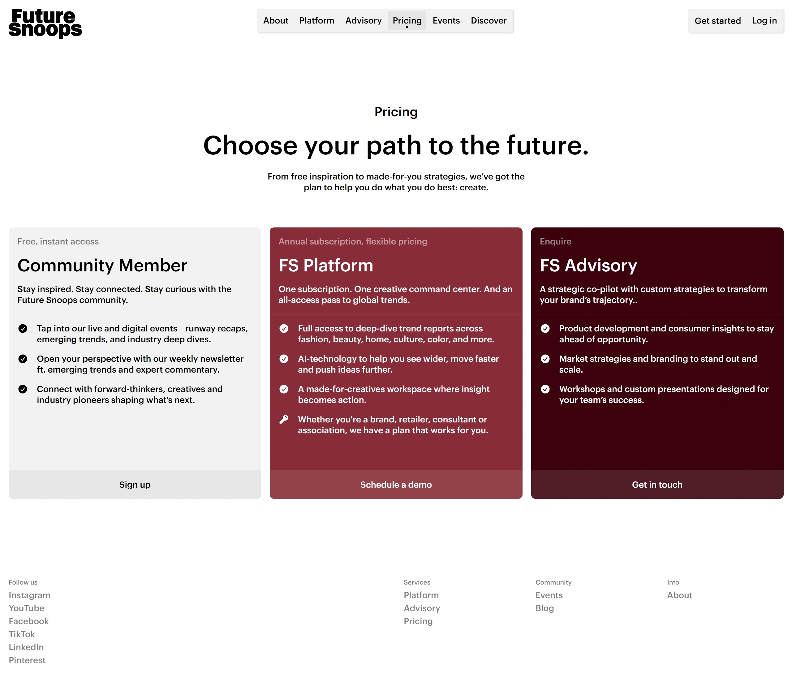 Future Snoops Секция «Цены» с сайта https://www.futuresnoops.com/en, тематика — Маркетинг, цвета — Белый, Черный, Коричневый, стиль — Корпоративный, Минимализм, типографика — Без засечек