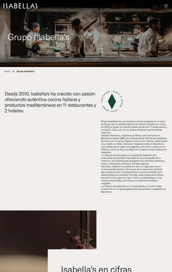 Страница о компании Grupo Isabella's, тематика — Еда и напитки, цвета — Белый, Черный, Серый, стиль — Корпоративный, Минимализм, типографика — Без засечек