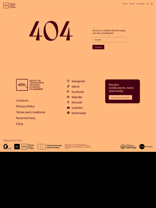 404-страница ETIC_Algarve, тематика — Образование, цвета — Желтый, стиль — Минимализм, типографика — С засечками