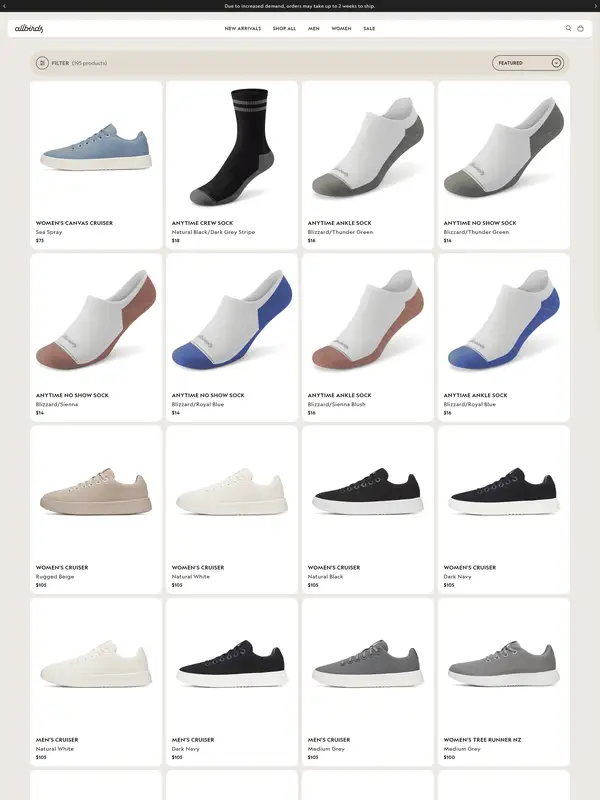 Каталог Allbirds, тематика — Одежда, цвета — Белый, Серый, стиль — Карточный, Минимализм, типографика — Без засечек