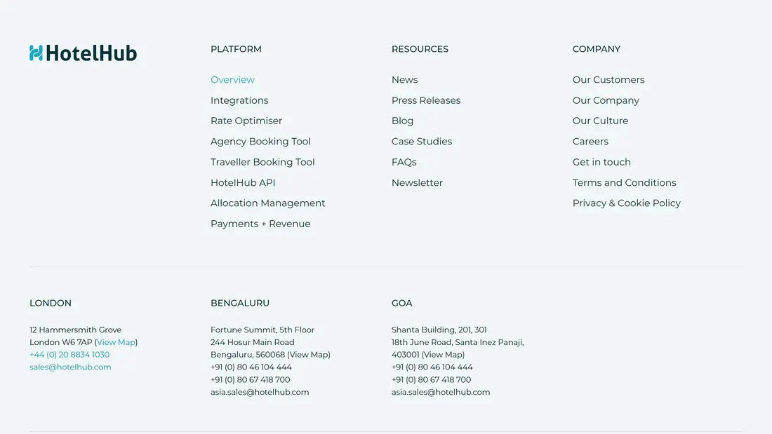 Секция «Футер» с сайта https://www.hotelhub.com/, тематика — Размещение, Путешествия и туризм, цвета — Белый, стиль — Корпоративный, Минимализм, типографика — Без засечек
