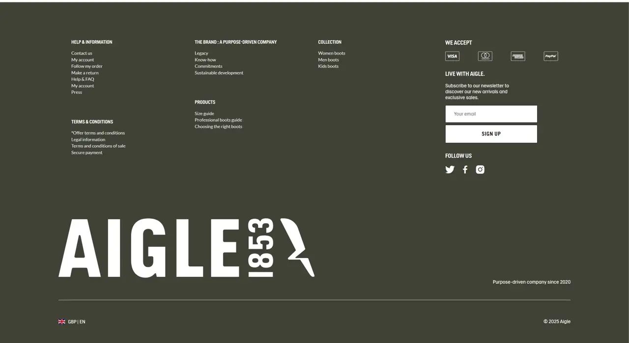 Секция «Футер» с сайта https://www.aigle.com/uk/en, тематика — Одежда, цвета — Черный, Серый, стиль — Корпоративный, Минимализм, типографика — Без засечек