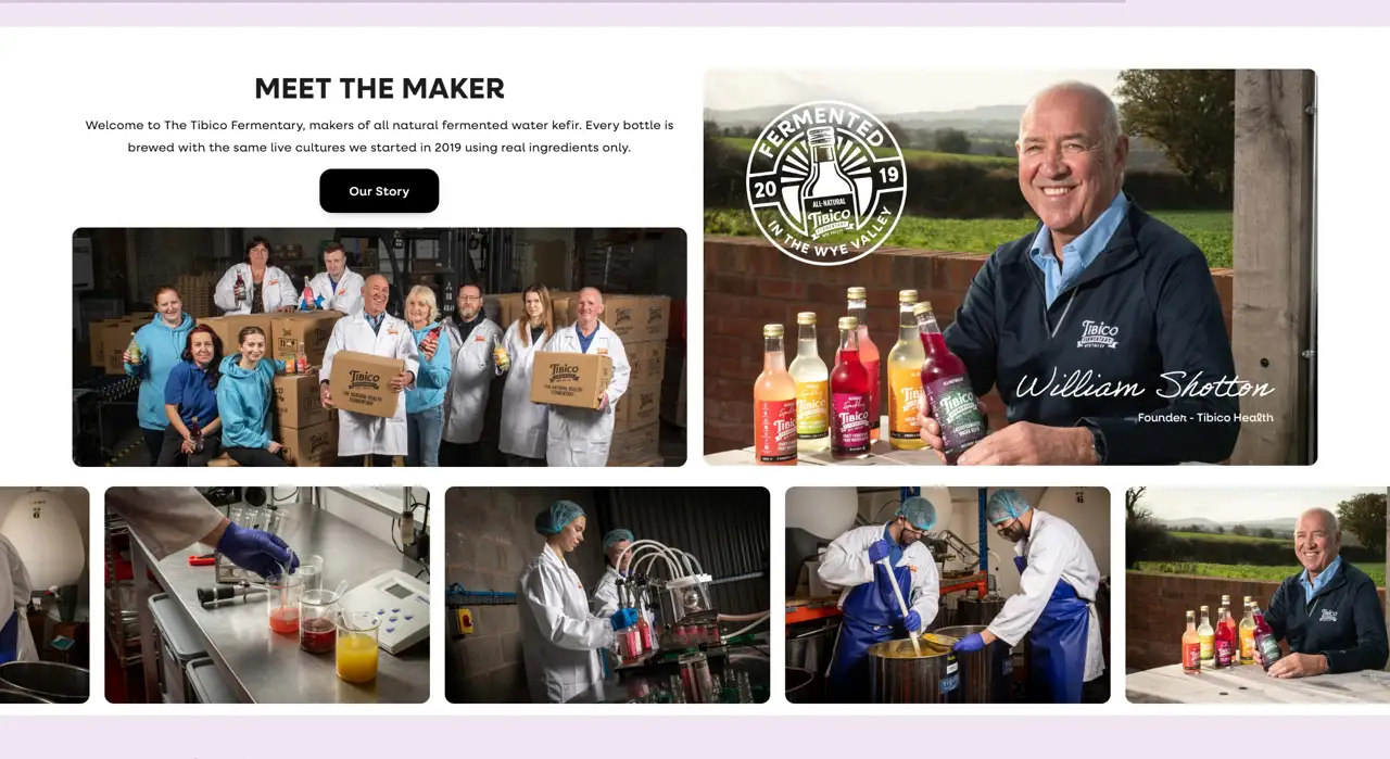 Секция «О компании» с сайта https://www.tibicohealth.com/, тематика — Здоровье и фитнес, цвета — Белый, Черный, Серый, стиль — Корпоративный, Органический и природный, типографика — Без засечек