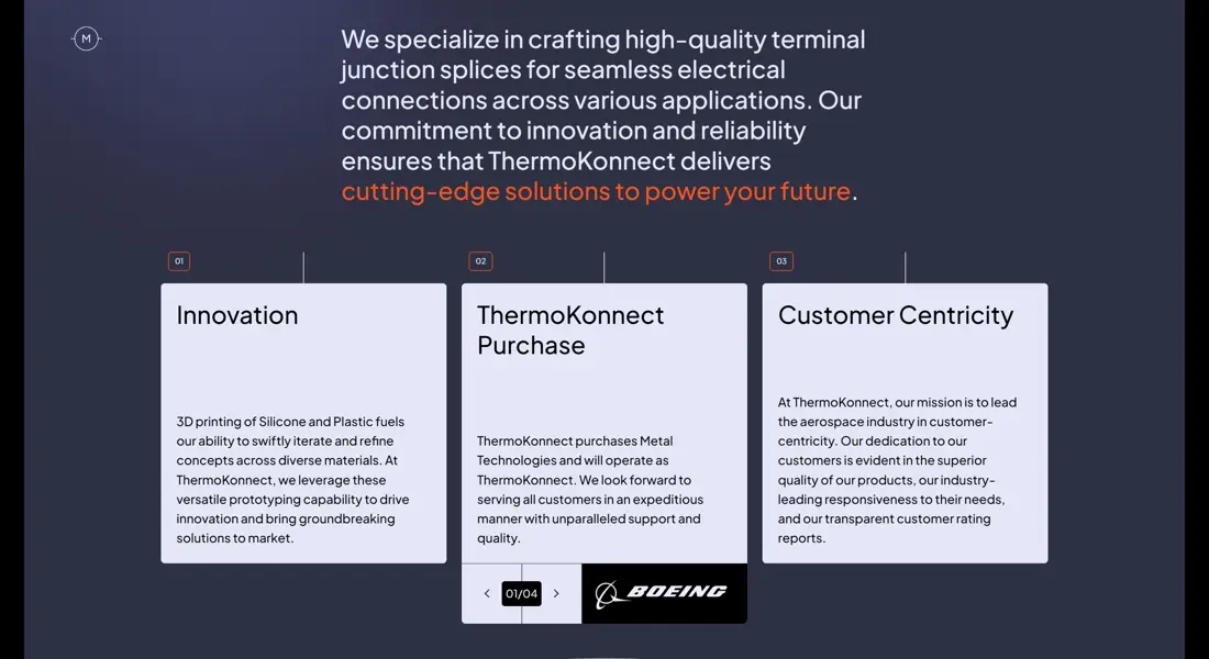 Секция «О компании» с сайта https://thermokonnect.com/, тематика — Производство, цвета — Белый, Черный, Серый, стиль — Корпоративный, типографика — Без засечек