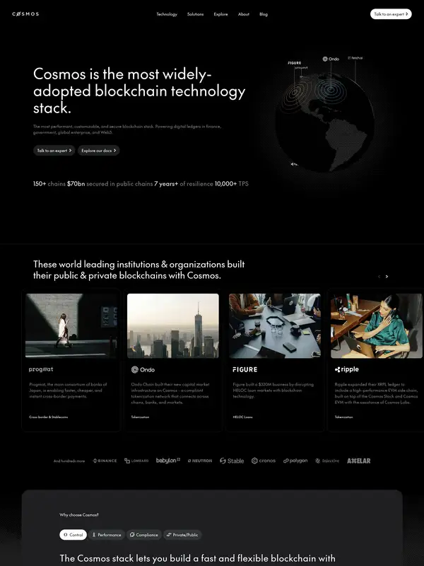 Главная Cosmos, тематика — Крипто  и блокчейн, цвета — Белый, Черный, стиль — Корпоративный, Минимализм, типографика — Без засечек