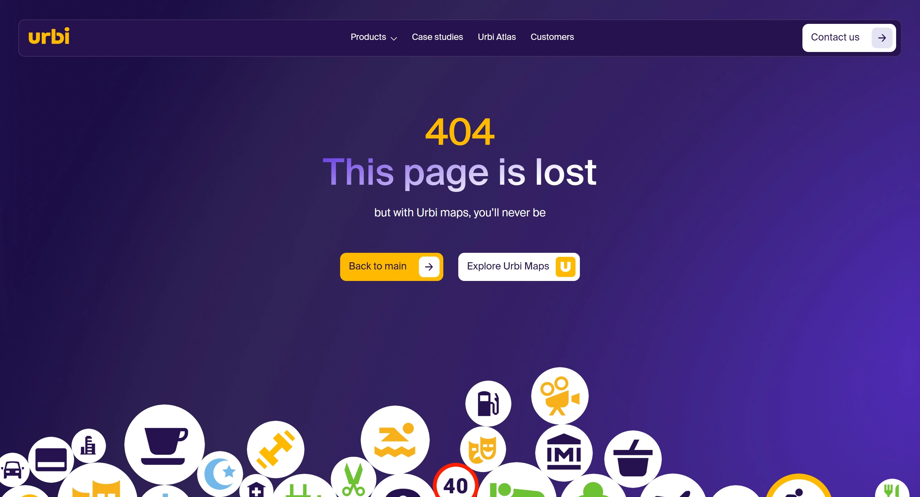 Urbi 404-страница Urbi, тематика — Другое, цвета — Черный, Фиолетовый, стиль — Плоский, Корпоративный, типографика — Без засечек, Декоративные