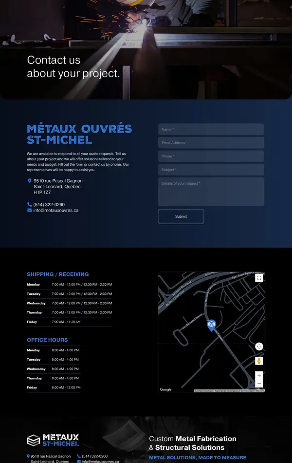 Секция «Контакты» с сайта https://www.metauxouvres.ca/en/, тематика — Производство, цвета — Черный, стиль — Корпоративный, типографика — Без засечек