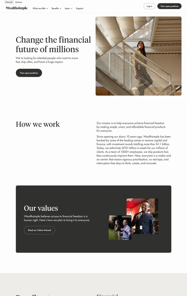 Страница карьеры Wealthsimple, тематика — Финансы, цвета — Белый, стиль — Корпоративный, Минимализм, типографика — Без засечек